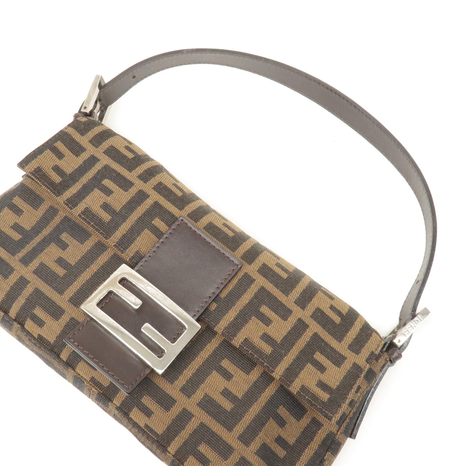 FENDI Mamma Baguette Zucca Canvas Leather Shoulder Bag Brown 26424