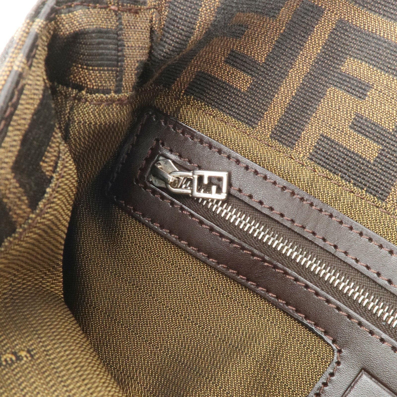 FENDI Mamma Baguette Zucca Canvas Leather Shoulder Bag Brown 26424