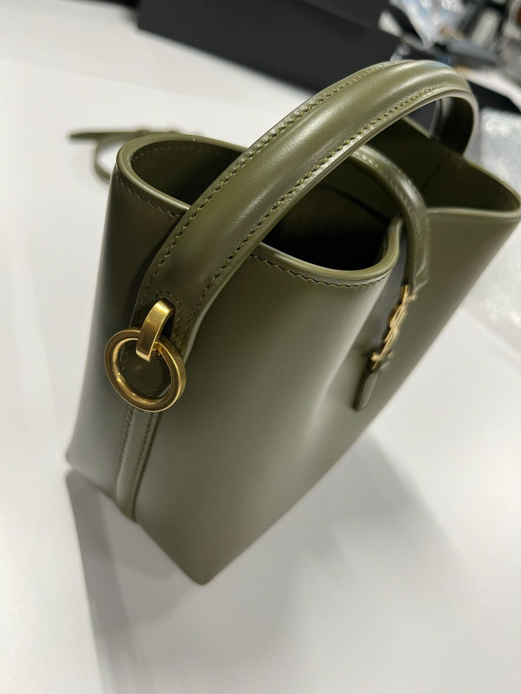 SAINT LAURENT - Olive Smooth Leather Mini Le 37 Bucket Bag