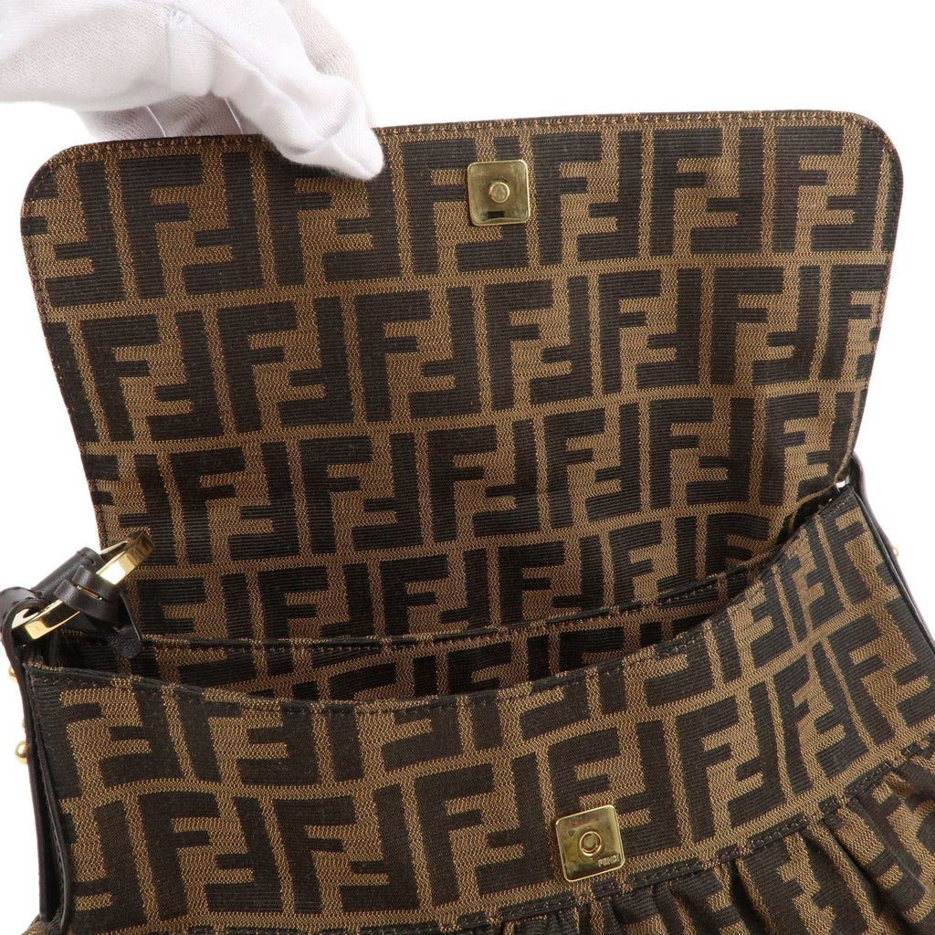 FENDI Zucca Canvas Leather Shoulder Bag Brown Black 8BR436