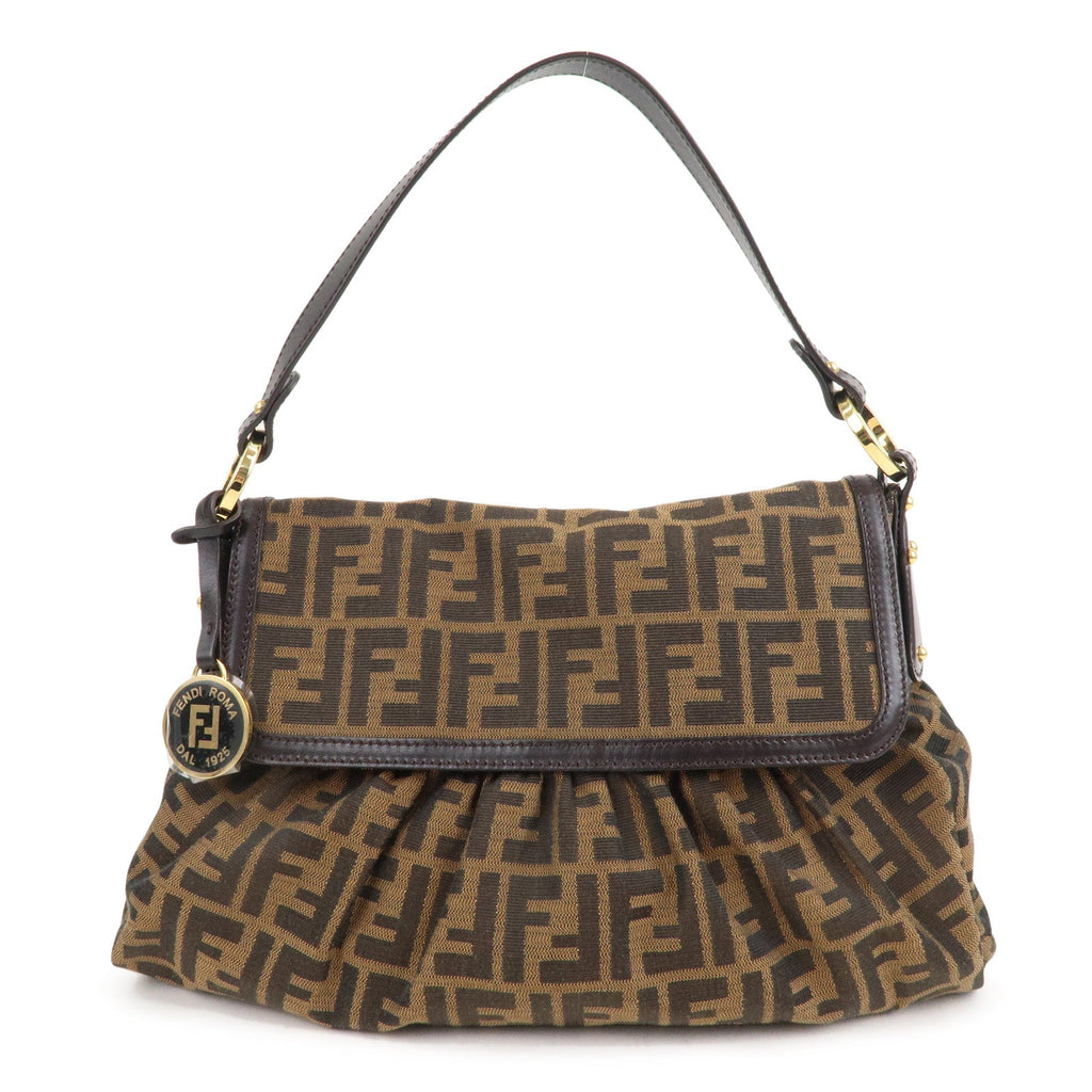 FENDI Zucca Canvas Leather Shoulder Bag Brown Black 8BR436