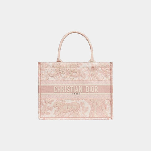 Medium Dior Book Tote Ecru and Pink Toile de Jouy Embroidery