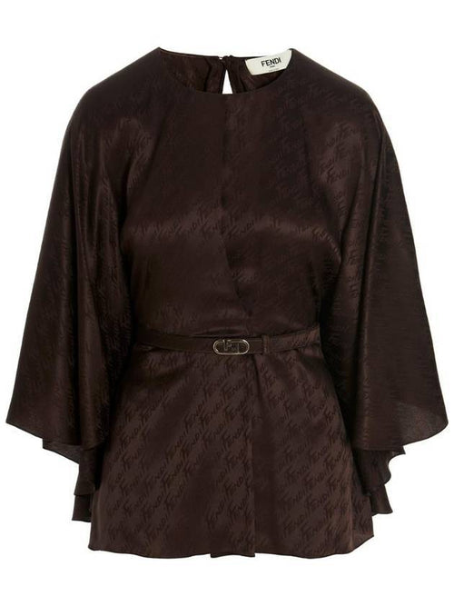 Fendi All-Over Logo Belt Flare Blouse Brown
