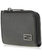 Fendi Logo Leather Card Wallet Grey