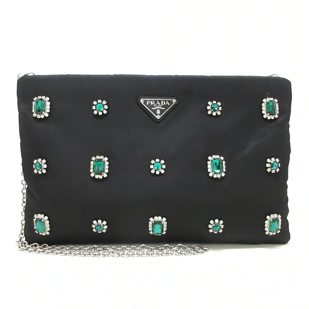 PRADA - Triangle Logo with Stones Shoulder Bag Black Nylon