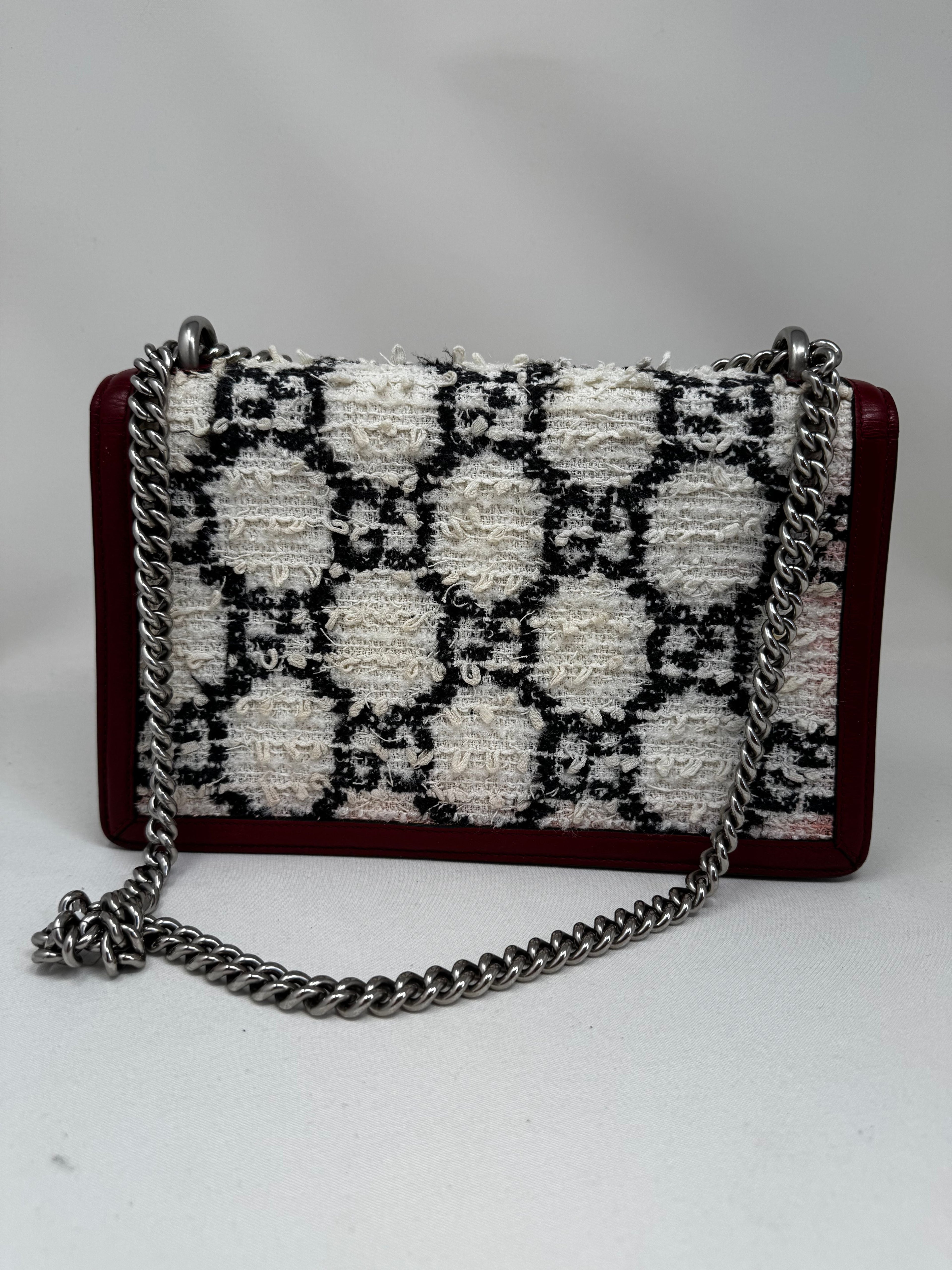 GUCCI Tweed GG Monogram Small Dionysus Shoulder Bag White Black Romantic Cherry B20-79