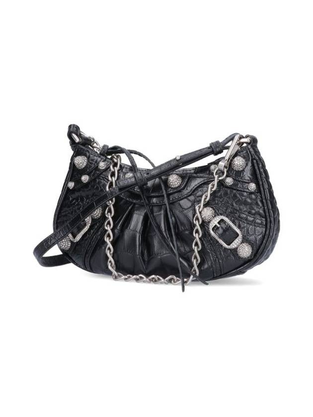Balenciaga Le Cagol Mini Silver Chain Crocodile Shoulder Bag Black