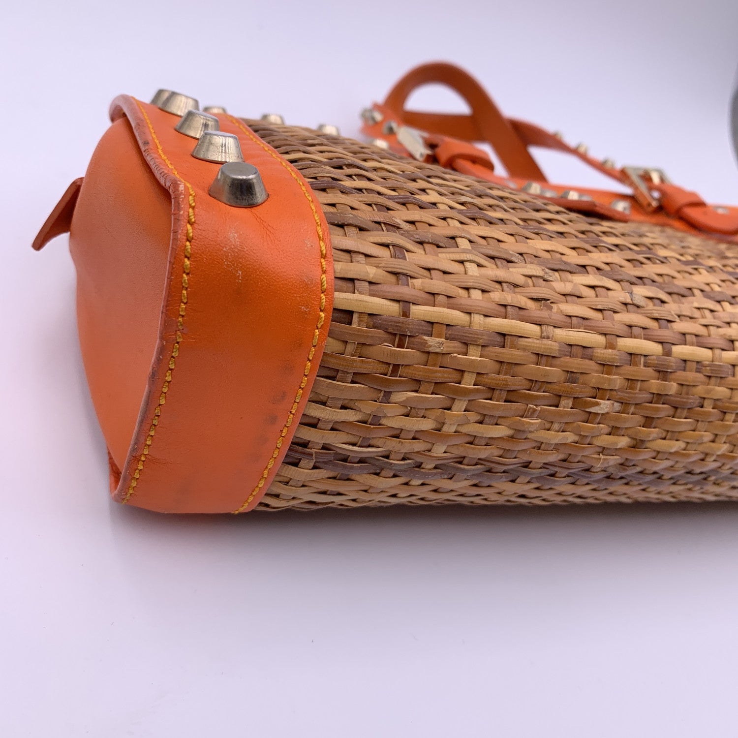 FENDI Wicker And Orange Leather Studded Tote Handbag Satchel