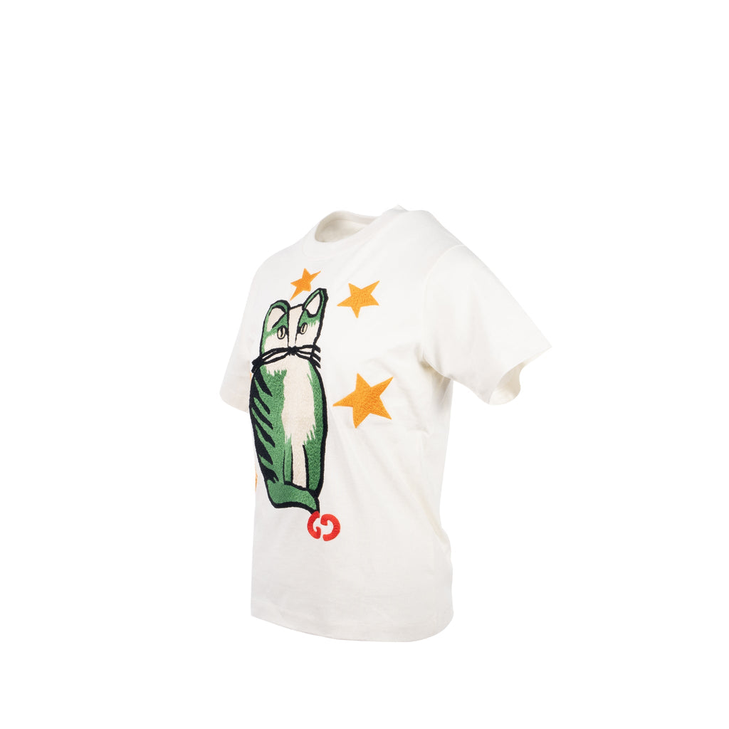 Gucci Size XS GG Logo/Cat/Star Embroidered T-shirt Cotton White/Multicolour