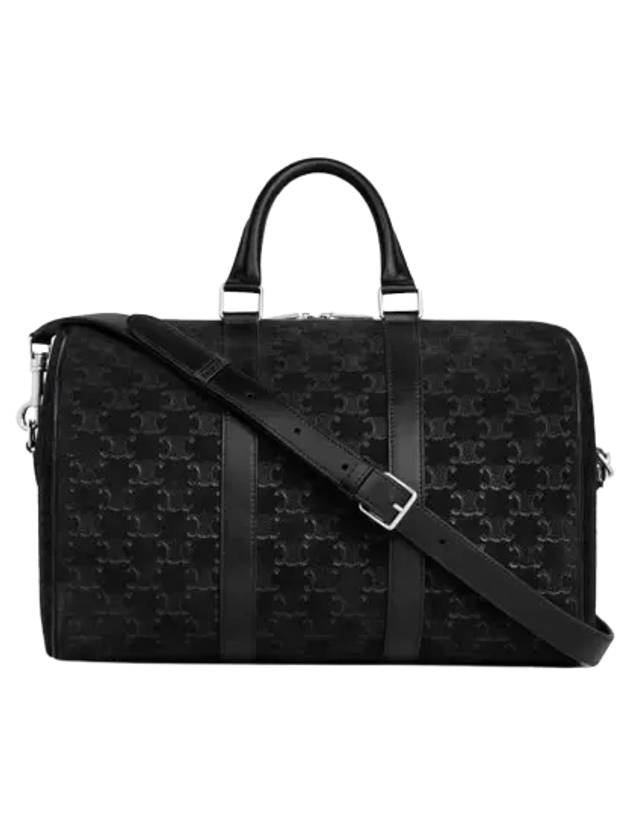 CELINE Large Boston Suede Calfskin Triomphe Embossed Duffle Bag Black