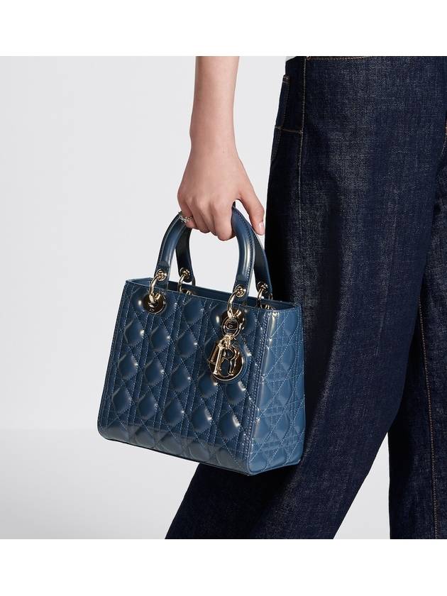 Lady Glossy Cannage Medium Calfskin Tote Bag Blue Dior