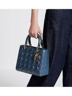 Lady Glossy Cannage Medium Calfskin Tote Bag Blue Dior