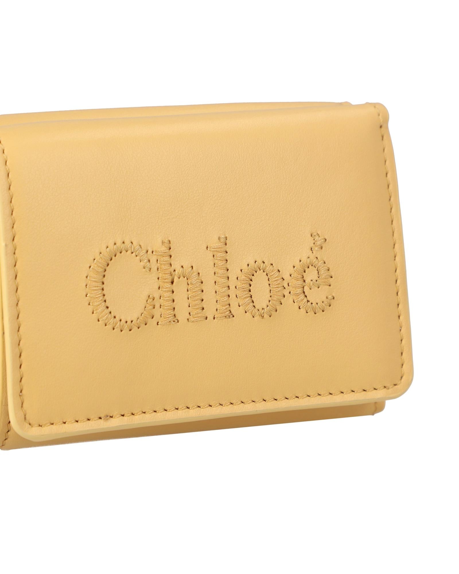 Chloe Embroidered Leather Trifold Wallet Women Yellow | Yellow Wallets & Pouches