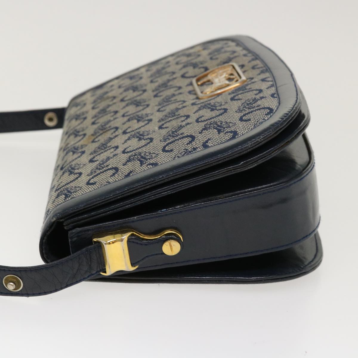 CELINE C Macadam Canvas Horse Carriage Shoulder Bag Navy Auth 39948