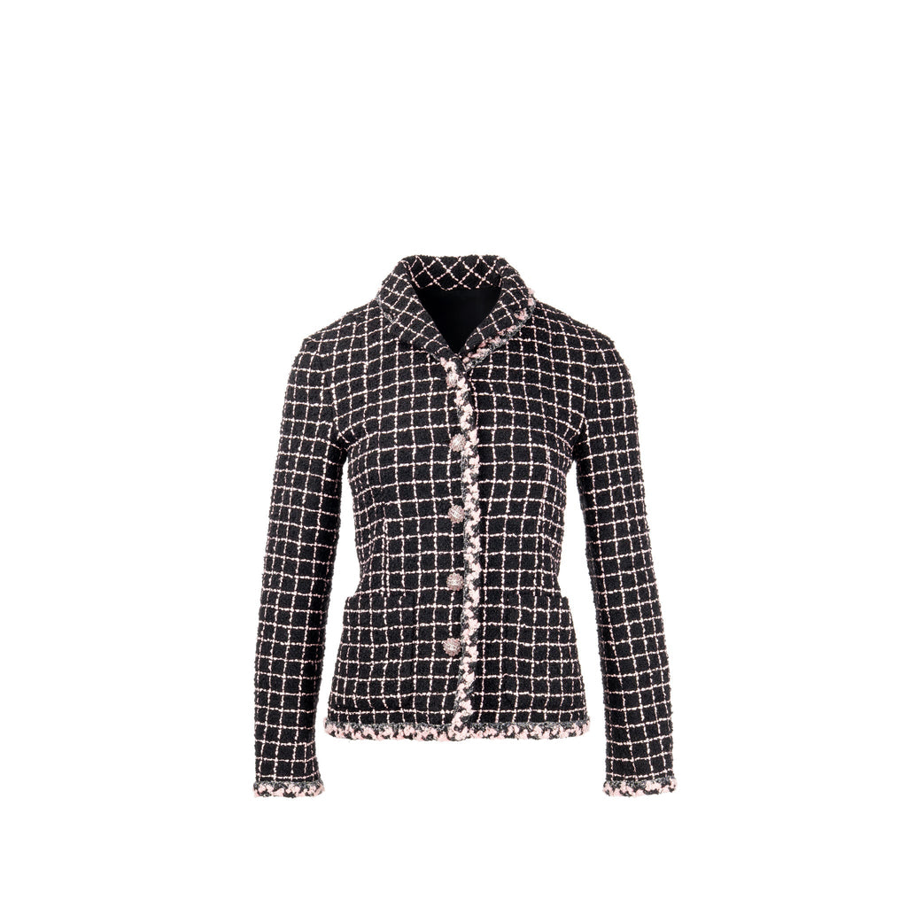 Chanel Size 36 Camellia Detailed Button Tweed Jacket Wool/Polyamide Black/Pink