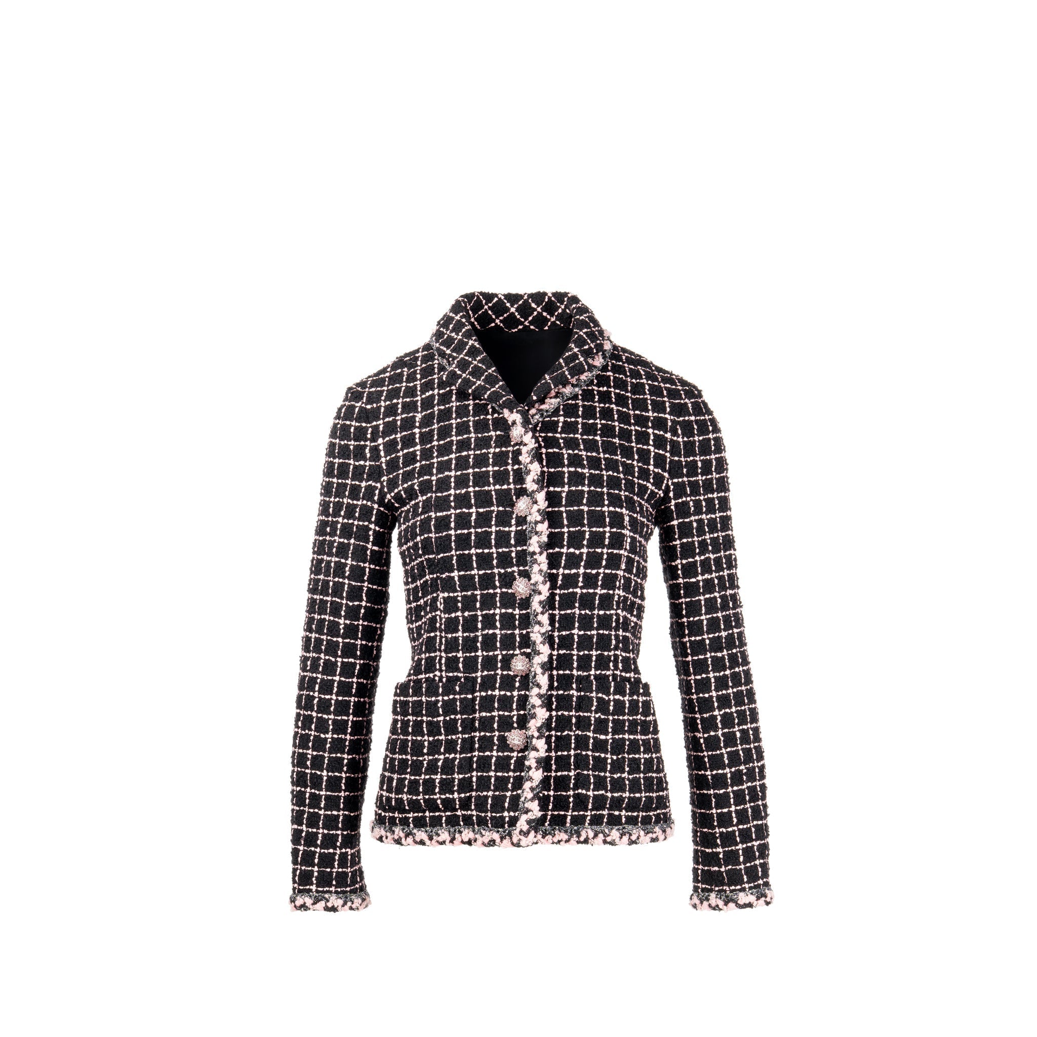 Chanel Size 36 Camellia Detailed Button Tweed Jacket Wool/Polyamide Black/Pink