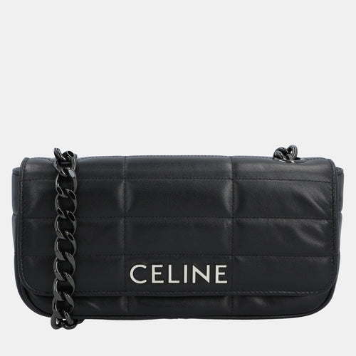 Celine Black Leather Monochrome Matelasse Chain Shoulder Bag