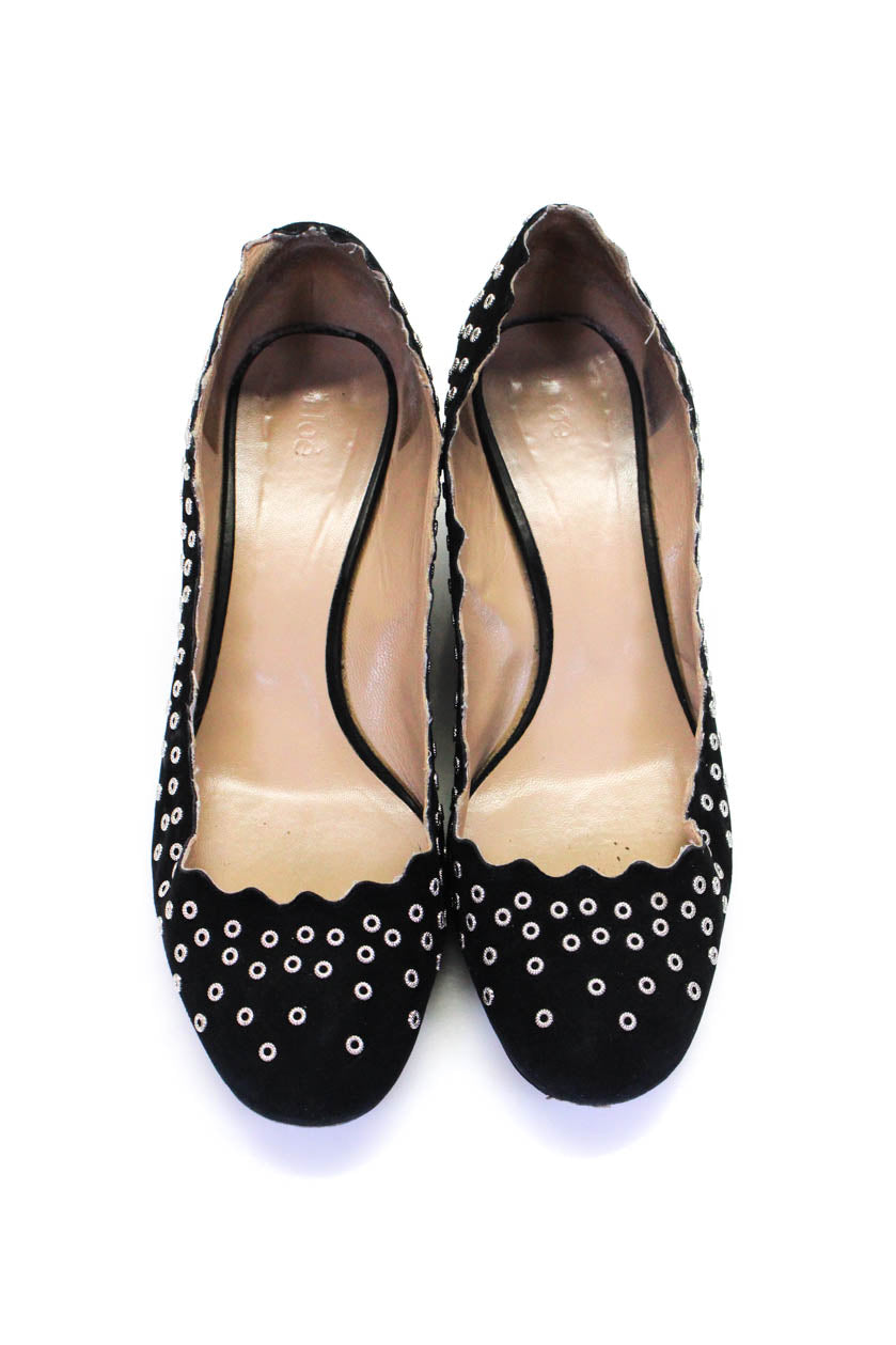 Chloe Womens Metallic Suede Spotted Round Toe Heels Pumps Black