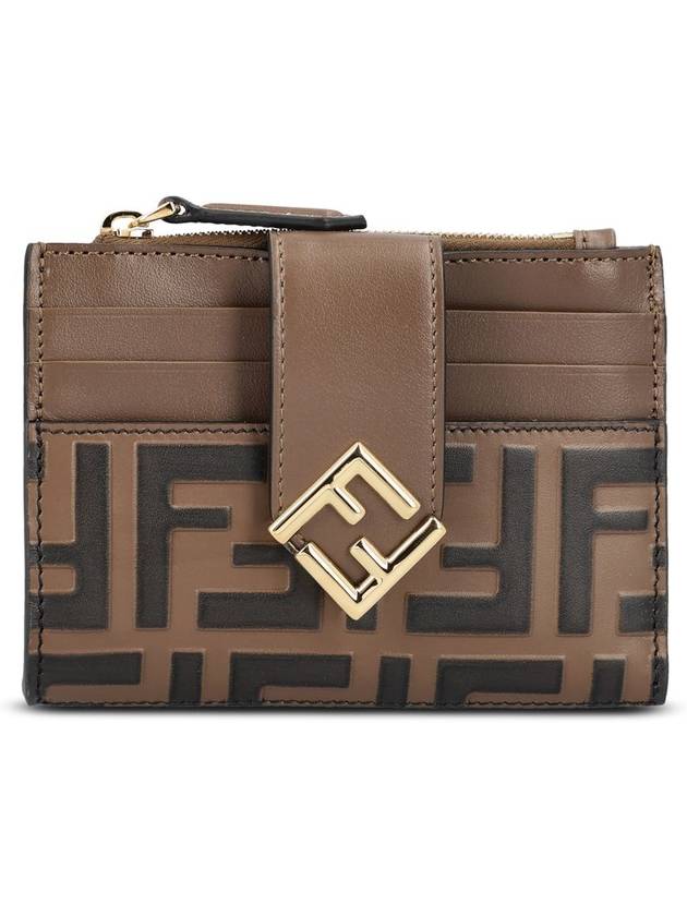 Fendi FF Diamond Embossed Logo Zip Card Holder Brown