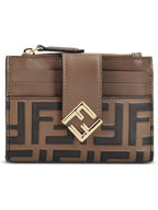 Fendi FF Diamond Embossed Logo Zip Card Holder Brown