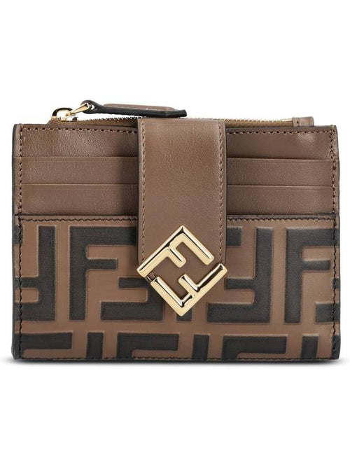 Fendi FF Diamond Embossed Logo Zip Card Holder Brown
