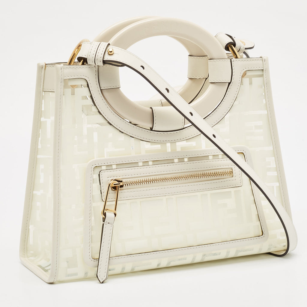 Fendi Transparent/off White Zucca Pvc And Leather Small Runaway Shopper Tote