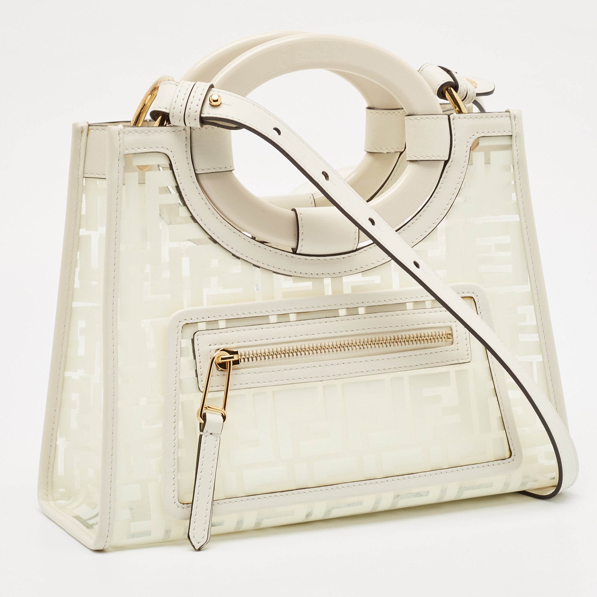 Fendi Transparent/off White Zucca Pvc And Leather Small Runaway Shopper Tote
