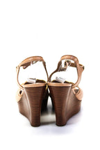 Chloe Womens Leather Peep Toe Platform Ankle Strap Wedge Heels Beige