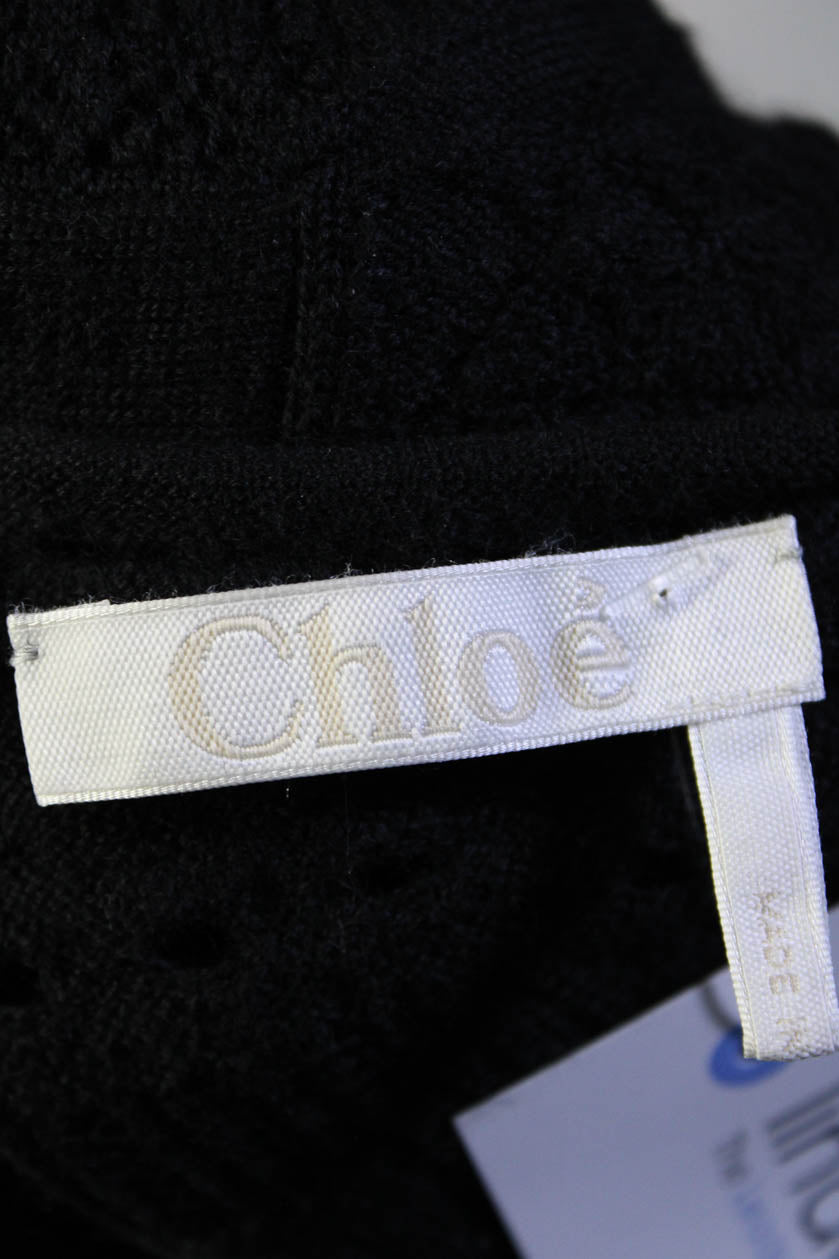 Chloe Womens Black Wool Open Knit Crew Neck Long Sleeve Sweater Dress