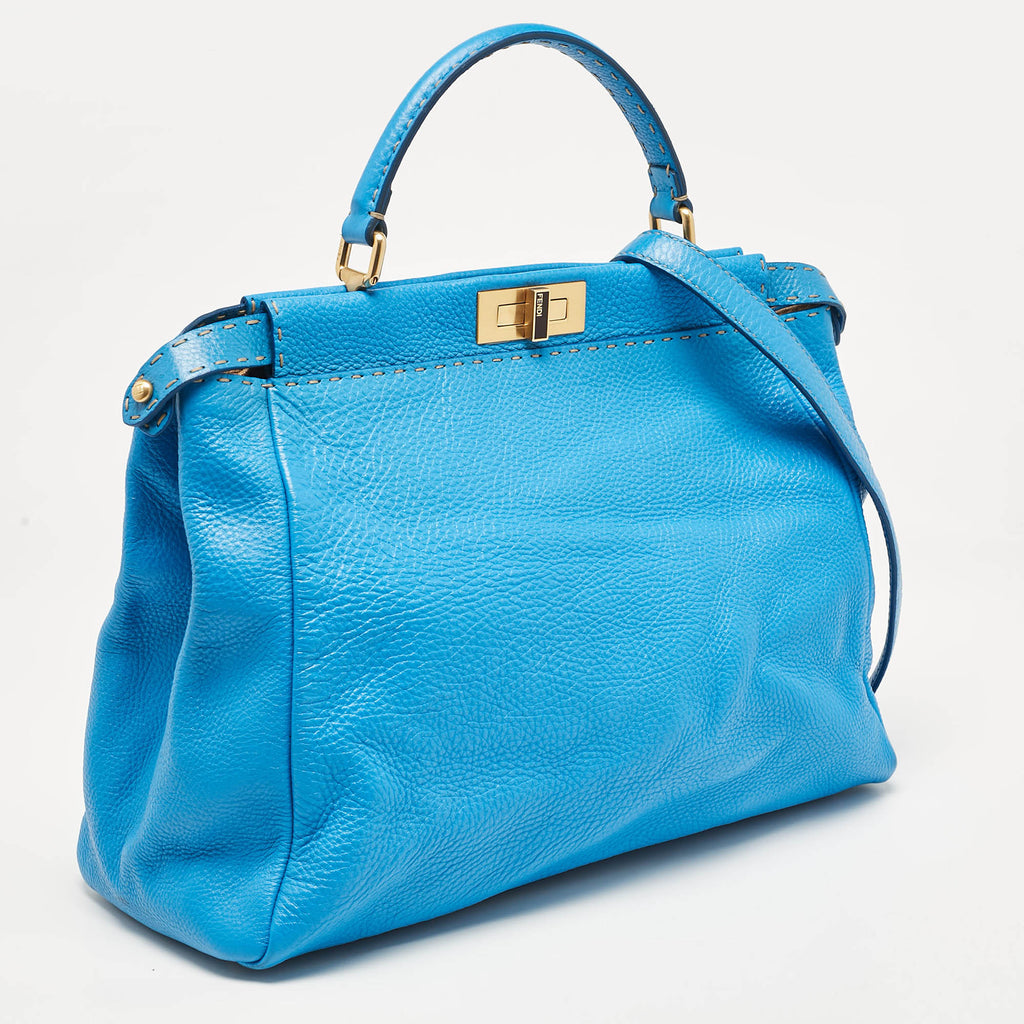 Fendi Blue Leather Large Peekaboo Top Handle Bag