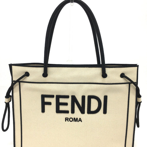 FENDI Tote Bag 8BH379 canvas Beige x black logo rome shopper Women