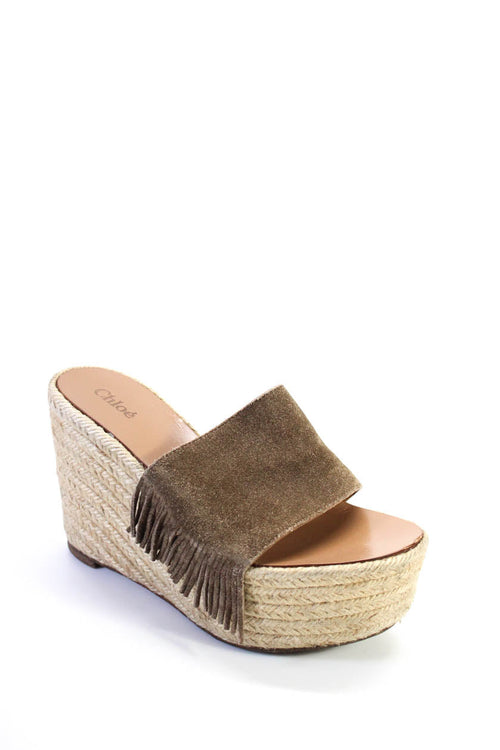 Chloe Womens Suede Tassel Trim Slide On Espadrille Sandals Taupe
