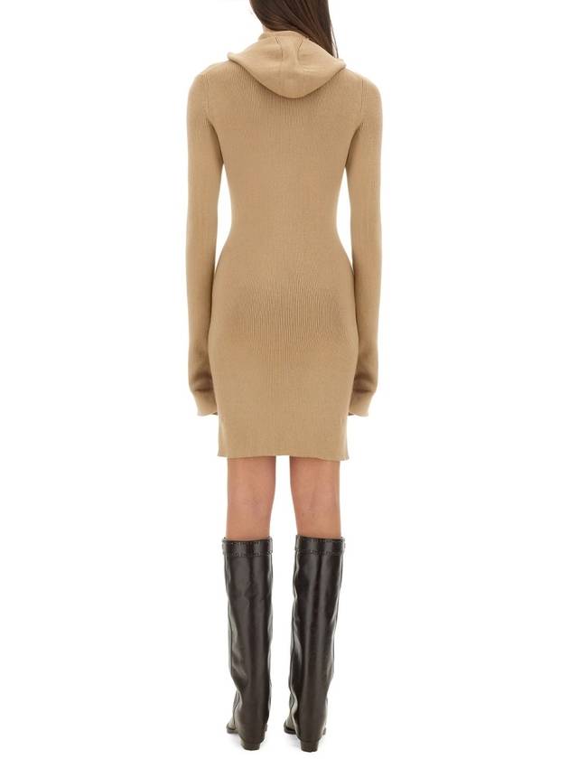 Fendi Long Sleeve Hooded Wool Silk Short Dress Beige