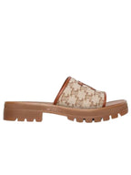 CELINE Clea Triomphe Canvas Calfskin Slipper Brown Beige