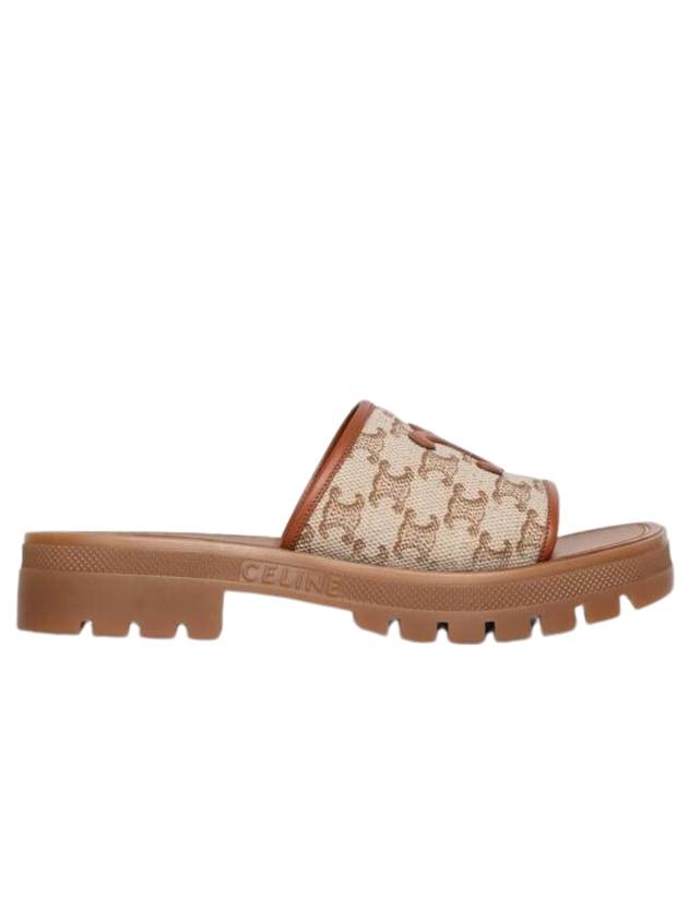 CELINE Clea Triomphe Canvas Calfskin Slipper Brown Beige