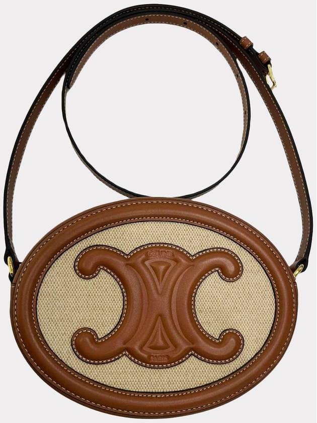 CELINE Cuir Triomphe Textile Calfskin Oval Cross Bag Natural Tan