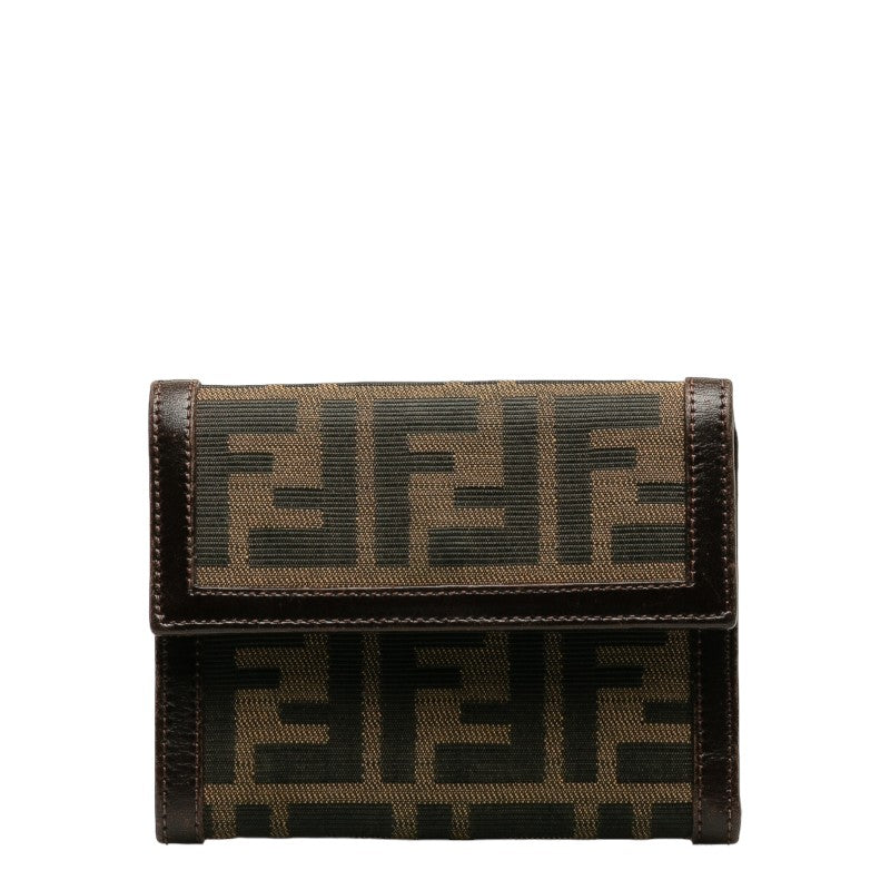 Fendi Zucca Double Folded Wallet Brown Canvas Leather