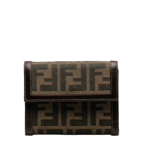 Fendi Zucca Double Folded Wallet Brown Canvas Leather