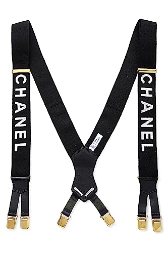 Chanel,  Black Elastic Logo Suspenders, Black