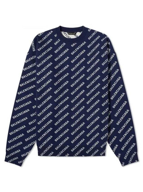 Balenciaga Allover Logo Crew Sweatshirt Navy