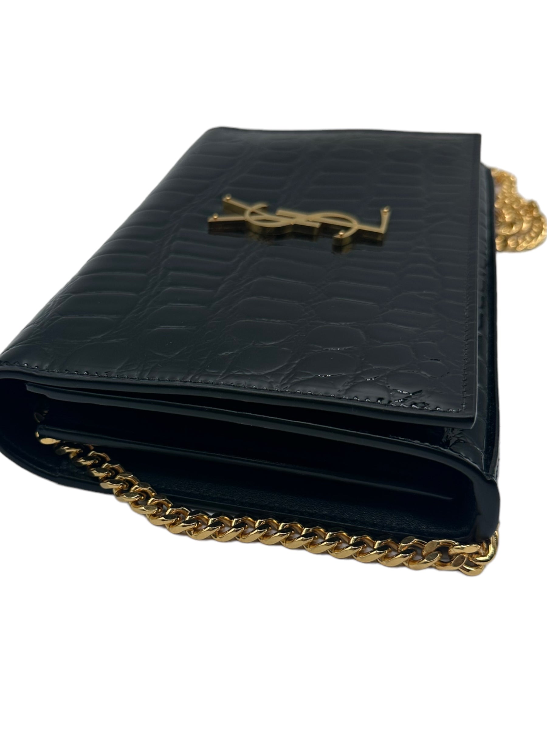 SAINT LAURENT - Monogramme Embossed Croc Chain Wallet