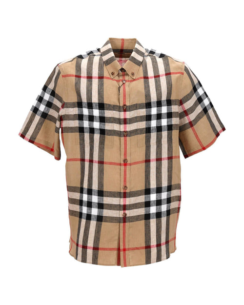 Burberry Short Sleeve Linen Shirt Check Pattern Men Brown | Beige T-Shirts