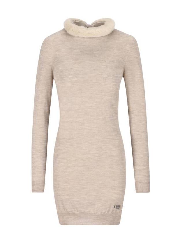 Fendi Ribbon Tie Silk Wool Short Dress Beige