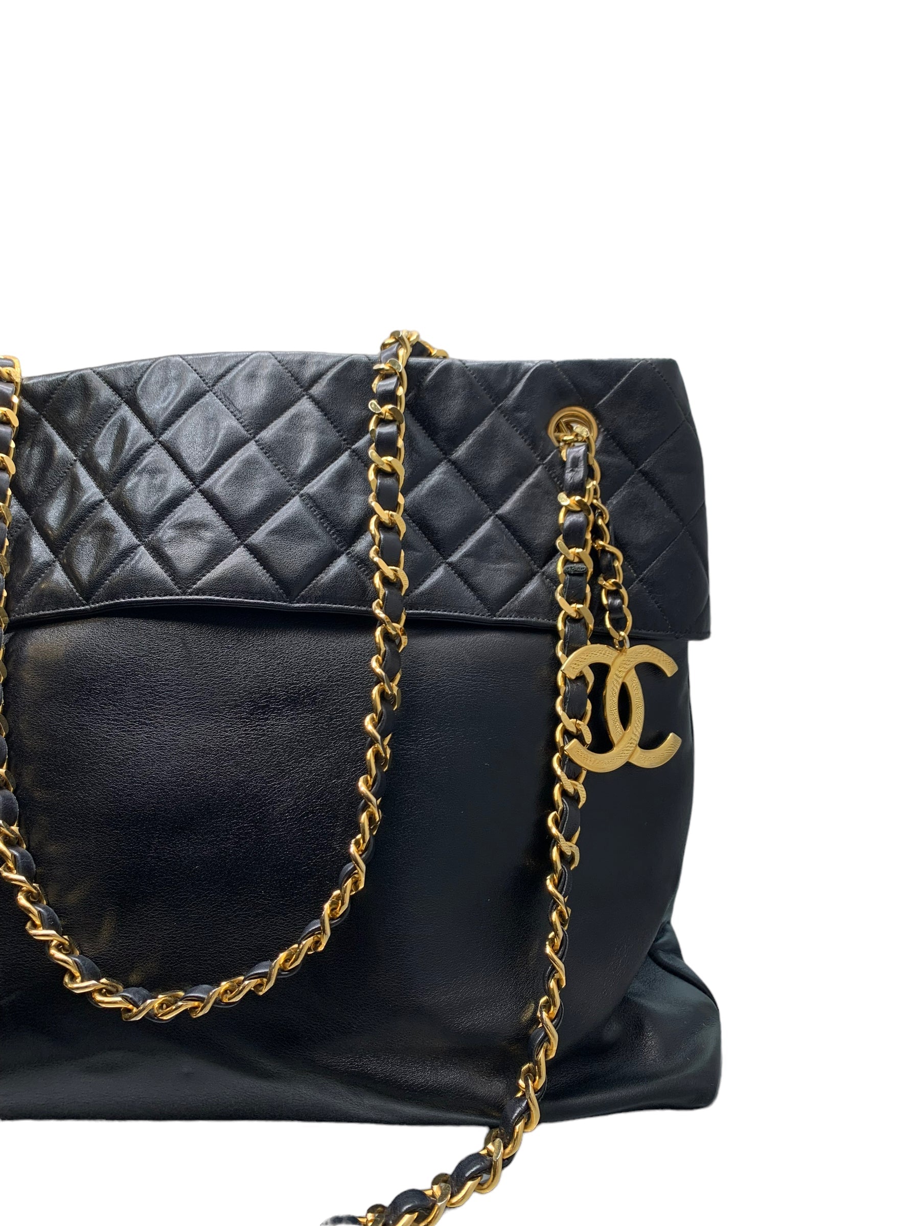 CHANEL- Quilted Black Lamb Chain Tote Shoulder Bag