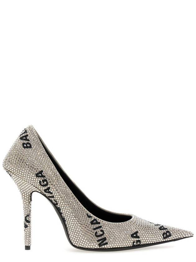 Balenciaga Women's All-Over Logo Rhinestone Square Knife Pumps Heel Silver