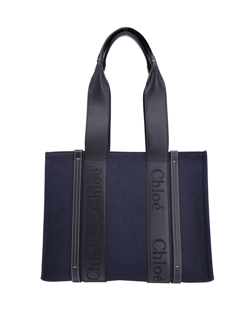 Chloe Medium Woody Tote in Blue Canvas and Black Calfskin Leather