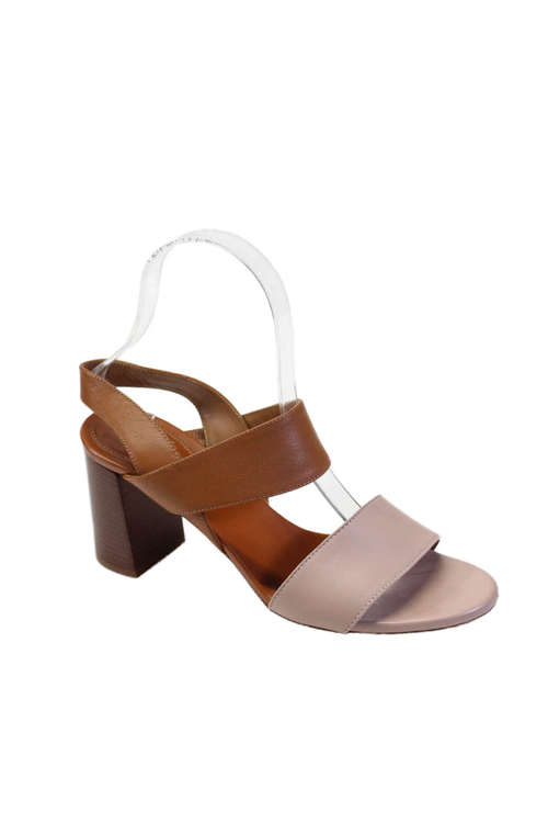Chloe Women's Open Toe Block Heels Sling Back Leather Sandals Brown