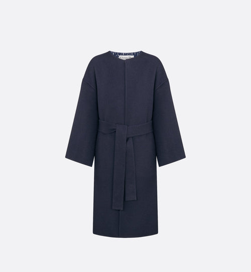 Coat With Belt Navy Blue Double Sided Virgin Wool And Silk With Miss Dior Allover Interior