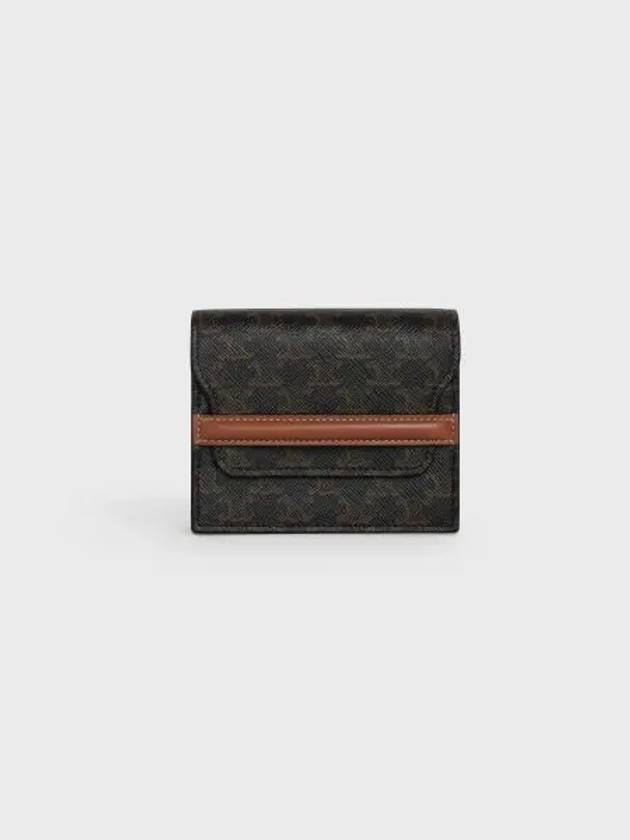CELINE Triomphe Canvas Strap Business Card Half Wallet Tan