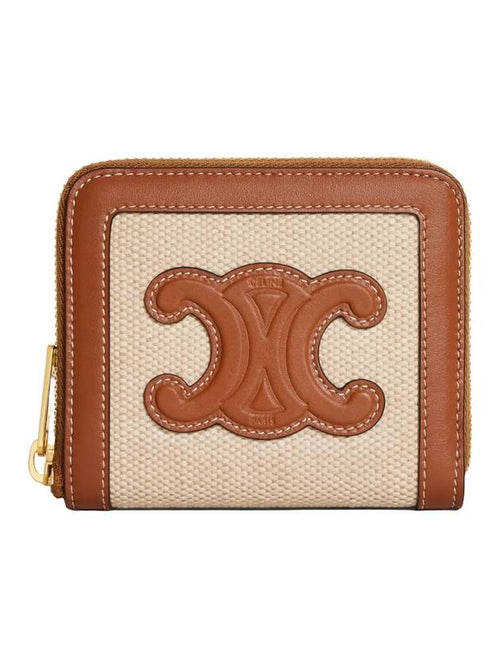 CELINE Compact Zipper Cuir Triomphe Textile Calfskin Coin Wallet Natural Tan